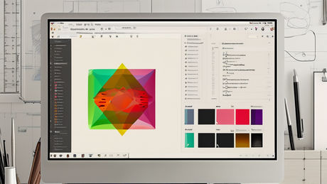 Adobe Illustrator截图风格，浅色界面，画布中央有一张彩色Logo的PNG图像，右侧“图像描摹”面板已展开，显示预设列表（技术图纸、黑白徽标等），当前选中“黑白徽标”，下方有描摹结果预览缩略图，顶部菜单栏显示“文件”“编辑”“对象”等选项，画布边缘有标尺，整体界面干净明亮