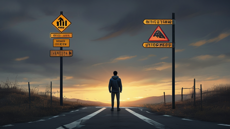 一个人站在岔路口，路牌分别指向“原创思考”“AI辅助”“直接抄袭”，远处有警示标志，画面采用暗色调，强调选择的重要性