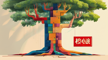 扁平化插画风格，画面中央有一棵大树，树根由多个彩色模块拼接而成，树冠处延伸出不同方向的分支，树干标注“核心论点”，画面右侧有一组红色警示标志，整体用色温暖明亮，背景为浅米色
