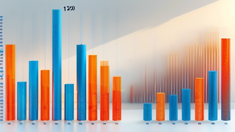 数据对比图表风格，竖排双柱状图，左侧标“12”右侧标“900+”，图表底部标注时间标签，简洁白色背景，蓝色与橙色柱体对比，上方标题“下载量变化”