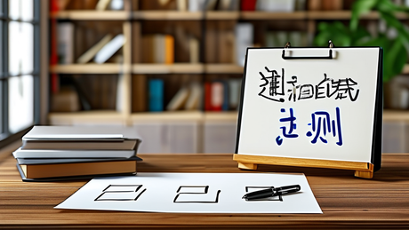 办公场景俯拍风格，一张办公桌上放着一张A4打印纸，纸上画着五个勾选框，旁边有一支黑色签字笔，纸张旁边立着一块白色写字板，板上用蓝色马克笔写着“选题自测”四个字，背景为模糊的书架，自然光线从左侧窗户照入
